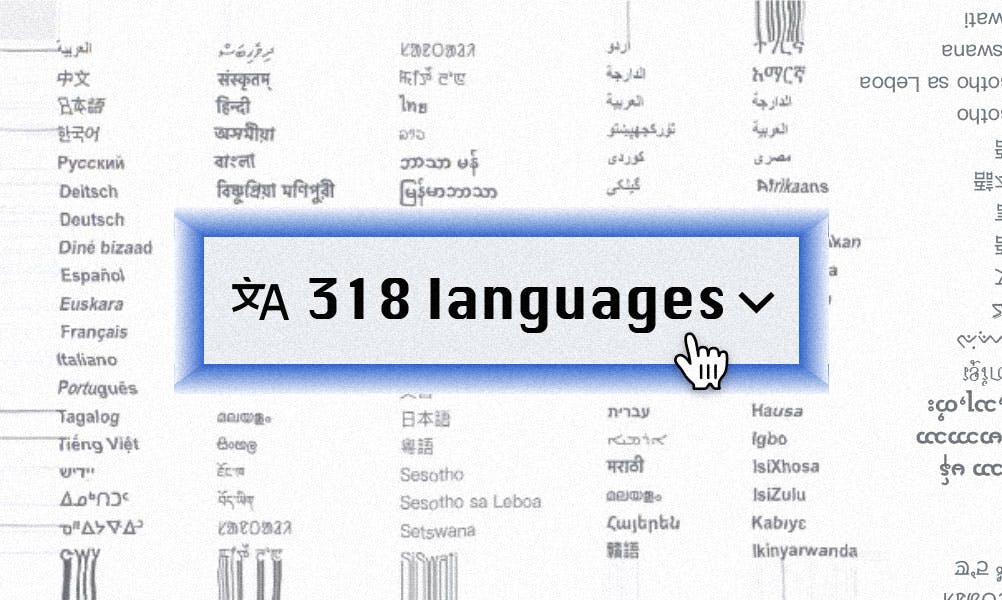 Graphic design with a languages button, communicating that Wikipedia exists in over 300 different languages