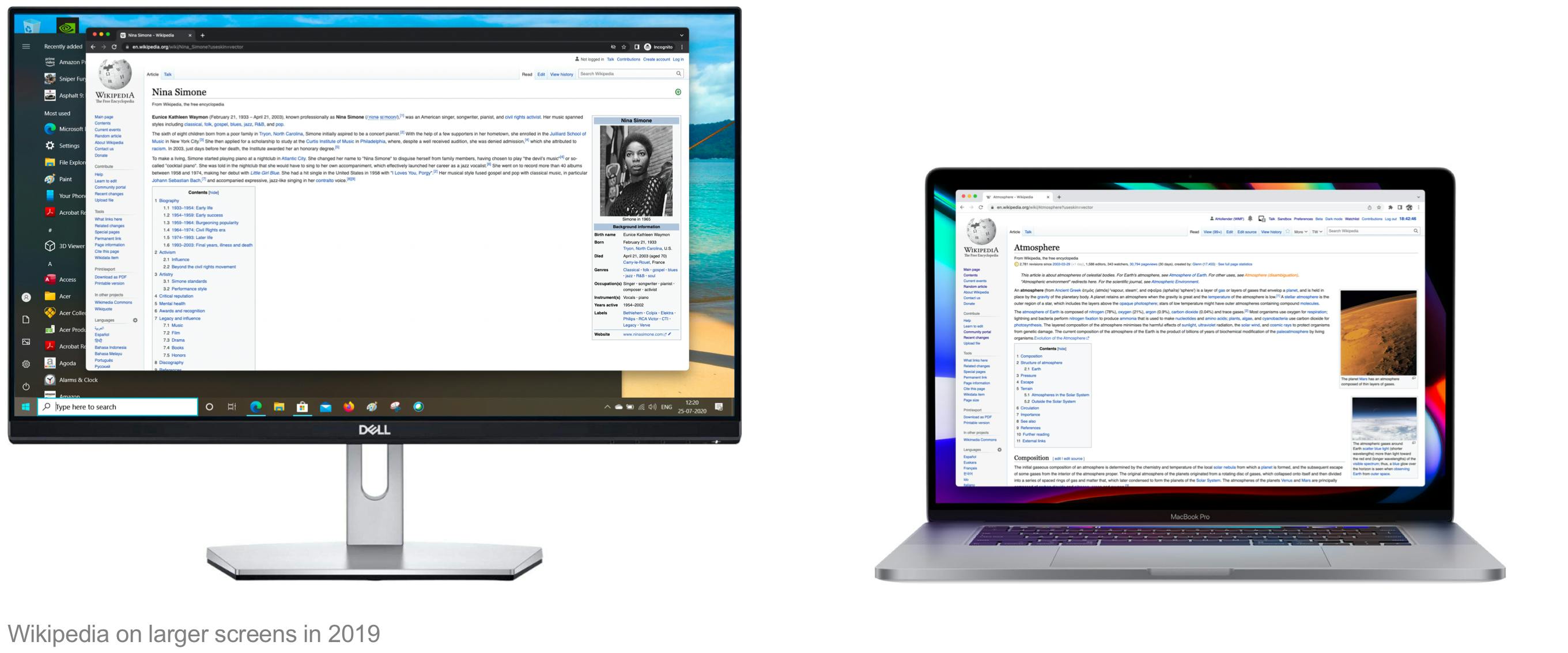Wikipedia on a larger monitor and laptop screen in 2019