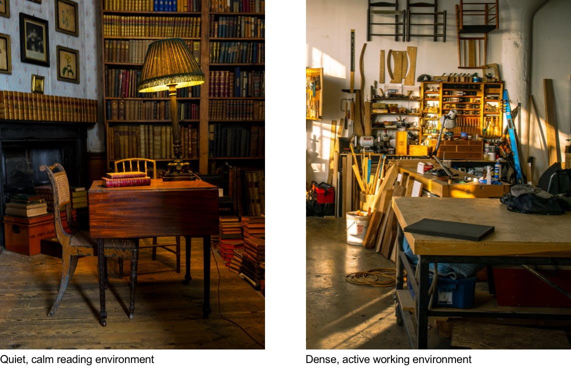 Image of a quiet room in a library, and a busy woodshop