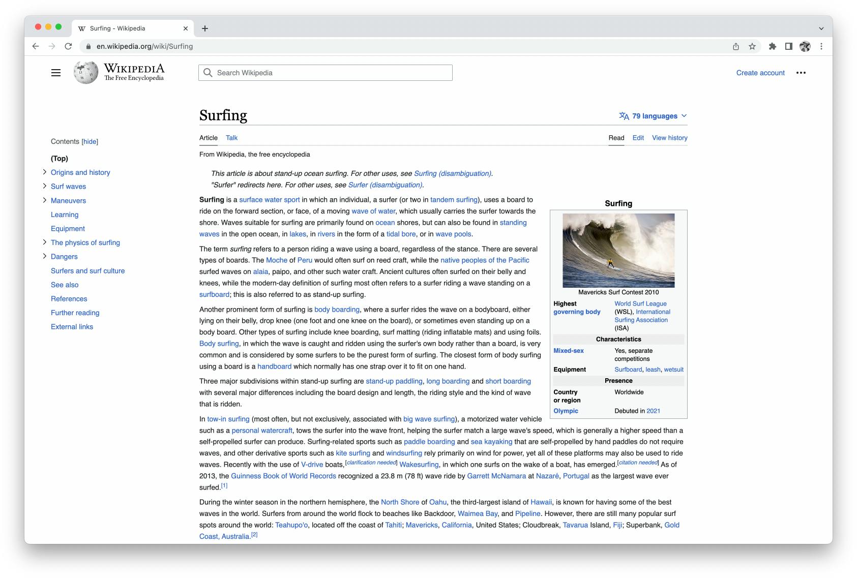 Updated interface, Surfing article on English Wikipedia